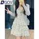 DGOV藍色碎花吊帶連衣裙女夏季2026新款蛋糕裙小個(gè)子短裙兩件套裝女 藍色碎花裙 S 推薦75-90斤