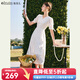 Olrain歐芮兒白色刺繡連衣裙女夏季收腰法式V領(lǐng)泡泡袖a字大擺裙 米白色 M 160/84A