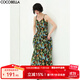 COCOBELLA油畫(huà)風(fēng)印花抽褶吊帶連衣裙飄逸氣質(zhì)沙灘長(cháng)裙FR565 油畫(huà)花 S