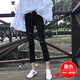 瑪菲萱夏季薄款牛仔褲高腰高彈力松緊腰女小個子八分開叉煙管牛仔褲女夏 黑色9分【破洞】 29 (建議109-118斤)