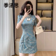 季法思新中式旗袍改良日常可穿小个子连衣裙气质漂亮收腰包臀短裙女夏季 蓝色 L(建议110-125斤)