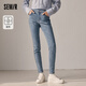 森馬（Semir）[陳都靈同款]牛仔褲女發(fā)熱抓絨高腰長(cháng)褲冬修身顯瘦小腳褲 牛仔藍灰88401 26