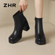 ZHR頭層牛皮短靴女法式粗跟增高靴子女英倫風(fēng)時(shí)尚女靴 S390 黑色 37 