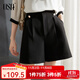 歐莎（OSA）【花苞褲】白色高腰直筒外穿西裝短褲女夏季休閑五分闊腿褲薄 黑色 L