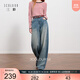 三彩2025冬季新款一體絨磨毛牛仔褲高腰闊腿褲長(cháng)褲寬松M