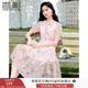 香影v領(lǐng)印花連衣裙女2025夏季新款絕美暈染木耳領(lǐng)泡泡袖雪紡裙子 粉紅 L
