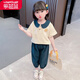 樂芭鼠童裝女寶寶套裝夏裝嬰幼兒衣服洋氣女童套裝5卡通可愛1休閑夏季3歲條紋6兒童短袖t桖褲子兩件套 米色（棉麻娃娃領(lǐng)） 100碼建議2-3歲 (身高90-100cm)