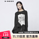 S.DEER圣迪奧秋季女裝個(gè)性圓領(lǐng)字母印花不規則長(cháng)袖T恤S21380220 黑色/91 M 165
