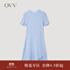 OVV春夏熱賣(mài)女裝彈力修身A型傘裝不對稱(chēng)短袖U領(lǐng)針織裙 藍灰鑲拼09 S