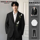 威登羊西服外套男士套裝襯衣西褲男款休閑中國風(fēng)長(cháng)袖上衣襯衫新中式西裝 黑色西服+白色襯衫+黑色西褲 XL