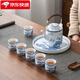 蘇氏陶瓷（SUSHI CERAMICS）直播清倉-溪山訪(fǎng)友提梁壺茶具6大茶杯配國潮復古青花陶瓷茶盤(pán)