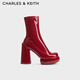 CHARLES&KEITH漆皮防水臺粗高跟彈力瘦瘦靴女生日禮物CK1-90360397Red紅色36