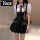 VEOX小黑裙背帶連衣裙女夏辣妹jk制服吊帶百褶裙+泡泡袖襯衫兩裝 領(lǐng)帶+襯衫+百褶裙 M