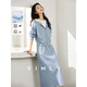 梵希蔓慵懶通勤套裝女春季新款蕾絲連帽開(kāi)衫半裙兩件套 雅藍色   M   