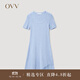 OVV2023春夏新款女裝彈力修身A型傘裝不對稱(chēng)短袖U領(lǐng)針織裙 藍灰鑲拼09 S