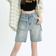 CKXNC2025夏季新款高腰五分牛仔短褲女寬松顯瘦復古設計感直筒中褲潮 懷舊藍 S 建議體重 89-98斤