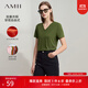 AMII女裝2025夏季新款極簡(jiǎn)休閑百搭純色V領(lǐng)繡花修身高彈套頭T 軍綠 M