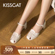 KISS CAT接吻貓涼鞋女夏季新款瑪麗珍復古豬籠鞋高跟涼鞋KA54319-10 淺灰白色 38