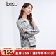 百圖betu女裝冬季新款毛衣復古感燈籠袖色織條紋寬松毛衫2411T42 灰色 L