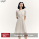 LILY秋新款女裝時(shí)尚復古波點(diǎn)氣質(zhì)純色俏皮短袖顯瘦高腰連衣裙 604米白 L