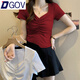 DGOV辣妹方領(lǐng)大領(lǐng)口正肩短袖t恤女夏季緊身修身高腰露臍褶皺短款上衣 深紅色 S 70-80斤