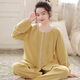 初尋秋季純棉磨毛女士圓領(lǐng)開(kāi)衫睡衣甜美女士秋冬空調屋全棉休閑家居服 黃色 M  (建議98-110斤左右)