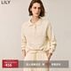 LILY冬新款女裝綿羊毛混紡亮片條紋POLO領(lǐng)套頭針織衫女款毛衣 604米白 M