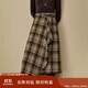 茵曼復古不規則荷葉邊格子半身裙2025冬女裝新款A字裙子 綠咖格 M
