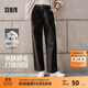 森馬（Semir）休閑褲女純棉打褶闊腿褲腰帶鹽系通勤秋季復古磨毛長(cháng)褲顯腿長(cháng) 黑色90001 M