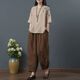 廣州十三行高端女裝兩件套民族風(fēng)夏裝棉麻上衣女中老年媽媽亞麻短 卡其色+咖色褲子 2XL 130-145斤