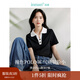 茵曼（INMAN）Polo領(lǐng)條紋短袖T恤2025夏季女裝新款修身顯瘦上衣 午夜黑 M