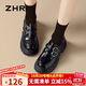 ZHR樂(lè )福鞋女春秋英倫圓頭單鞋女復古愛(ài)心搭扣厚底女鞋 JZ05 黑色 37