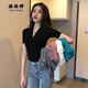 涵依婷法式深v領(lǐng)短袖t恤女裝春夏新款低領(lǐng)緊身高級感打底衫內搭洋氣上衣 黑色 L