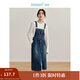 茵曼（INMAN）【商場(chǎng)同款】牛仔背帶裙2024春秋女裝新品后下擺開(kāi)叉休閑長(cháng)裙 牛仔藍 S