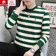 皮爾卡丹（pierre cardin）長(cháng)袖t恤男春秋季潮流條紋打底衫衛衣男裝秋衣秋裝加絨衣服 911綠色 L(115-130斤)