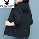 花花公子（PLAYBOY）短款沖鋒.衣外套女春季2025年新款戶(hù)外春秋薄款休閑夾克上衣 黑色 XL 建議110-125斤