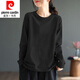 皮爾卡丹（pierre cardin）23年新款25純棉長(cháng)袖t恤女秋裝胖寬松圓領(lǐng)文藝休閑上衣女 黑色【純色】 3XL 建議150-175斤