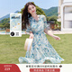 香影小清新v領(lǐng)碎花連衣裙女2025夏季新款木耳邊藍色泡泡袖雪紡裙 藍色 XL
