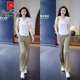 皮爾卡丹（pierre cardin）運動(dòng)休閑褲套裝女夏季短袖連帽T恤上衣高腰闊腿褲顯瘦減齡兩件裝 白色上衣加卡其色褲子 【兩件裝 L【105-115斤】