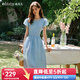 Olrain歐芮兒藍色法式收腰顯瘦連衣裙女裝夏季2025新款花苞袖長裙 藍色 XL