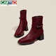 卡帝樂(lè )鱷魚(yú)（CARTELO）酒紅色婚靴短靴女2026新款方頭高跟側拉鏈粗跟靴子女中筒靴女鞋 酒紅色 37