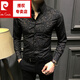 皮爾卡丹（pierre cardin）痞帥碎花男士長袖襯衫2025高級印花襯衣秋冬休閑修身上衣 黑色 3XL