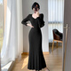 宜惜綺 針織連衣裙女長(cháng)袖秋冬新款顯瘦內搭毛衣裙V領(lǐng)性感包臀裙打底裙子 黑色 M