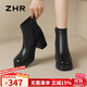 ZHR頭層牛皮短靴女法式粗跟增高靴子女英倫風(fēng)時(shí)尚女靴 S390 黑色 37 