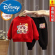 迪士尼（Disney）男女童秋冬拜年服新年套裝加絨加厚寶寶衛衣兒童紅色喜慶周歲百搭 圓領(lǐng)#紅色上衣+黑褲R16 加絨 90 (建議身高75-85CM)
