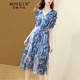 ROWILUX法式優(yōu)雅碎花連衣裙女夏2025新款短袖氣質(zhì)雪紡收腰V領(lǐng)中長裙 藍(lán)色 S