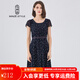 名師路簡約印花雪紡連衣裙女夏裝新款OL系帶淑女氣質(zhì)休閑A字裙子 深藍色56 XL