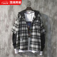 壹號鳳1萬(wàn)人收藏春秋季男士格子襯衫連帽長(cháng)袖韓版潮流拼接假兩件男女學(xué) 黑色 M