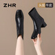 ZHR頭層牛皮女靴復(fù)古褶皺粗跟短靴女秋冬百搭靴子女 S529 尊貴黑 37 