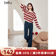 百圖betu女裝冬季新款毛衣時(shí)髦條紋溫暖毛絨長(cháng)袖毛衫女2312T10 紅白條 S